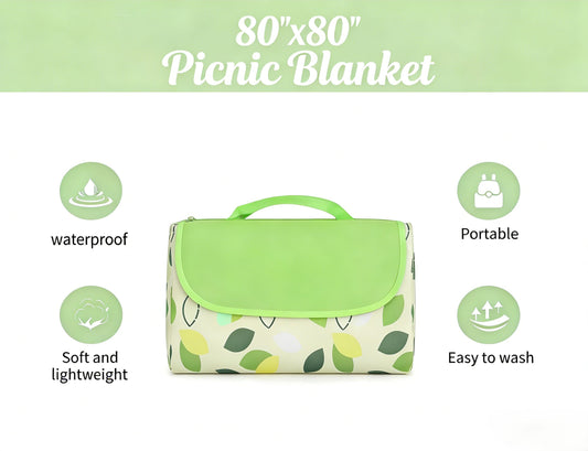 80"x80" Extra Large Waterproof Picnic Blanket - Foldable Outdoor Mat for Beach, Camping & Park - Green/White leaves