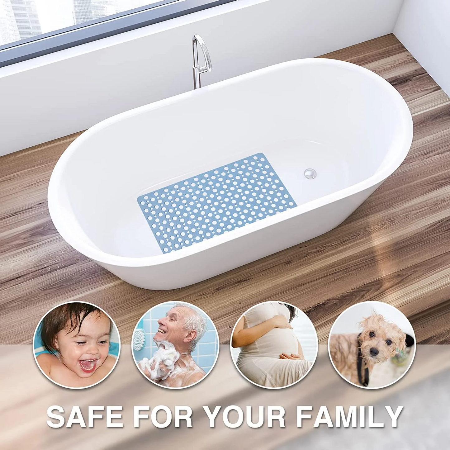 30 x 17 Inch Bathroom Non Slip Shower Mat with Suction Cup and Drain Hole Bathtub Nonslip Mat, Super Soft PVC Bathroom Mat Blue