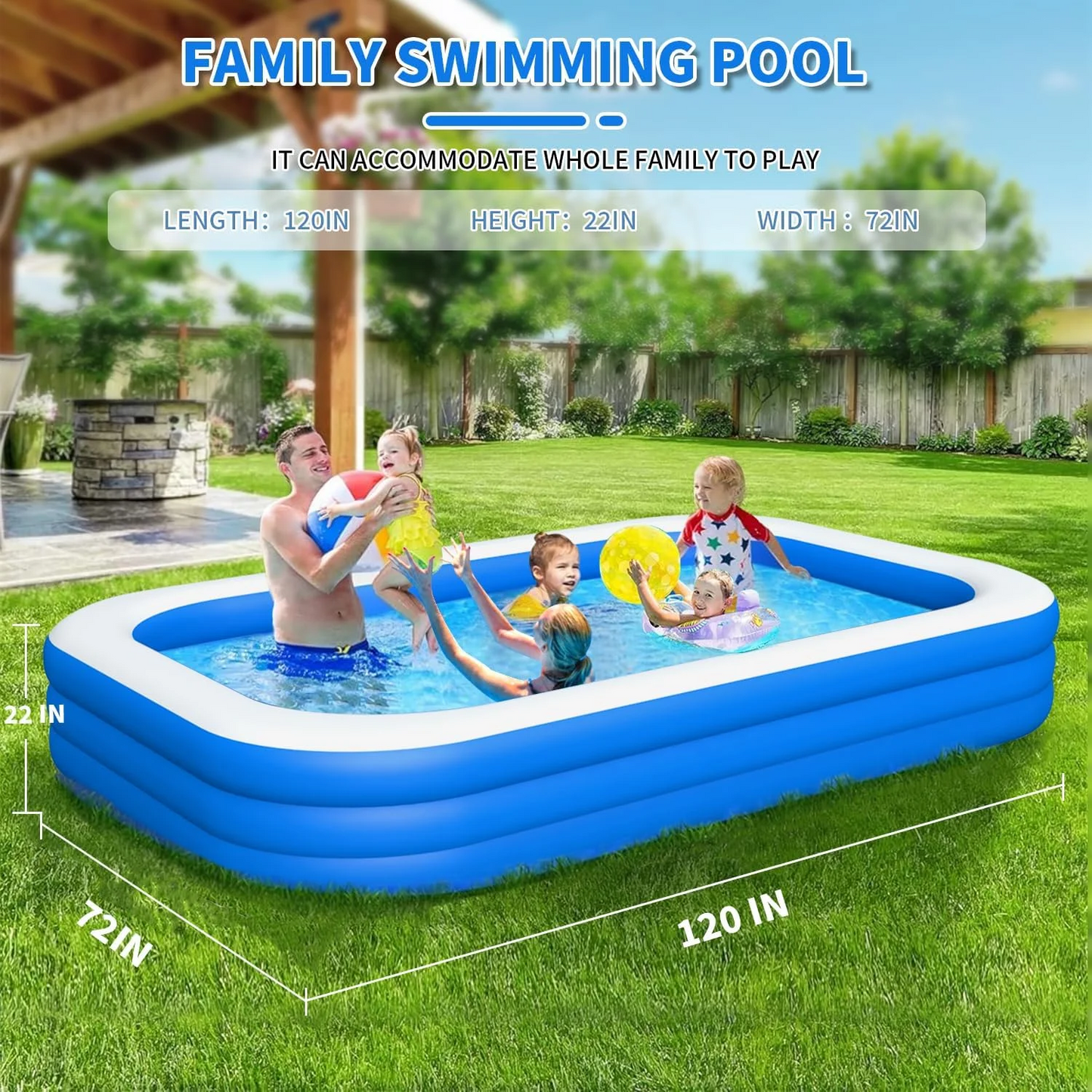 Inflatable Swimming Pool Kids Adults Blow up Pool Family Backyard 120" x 72" x 22" Blue