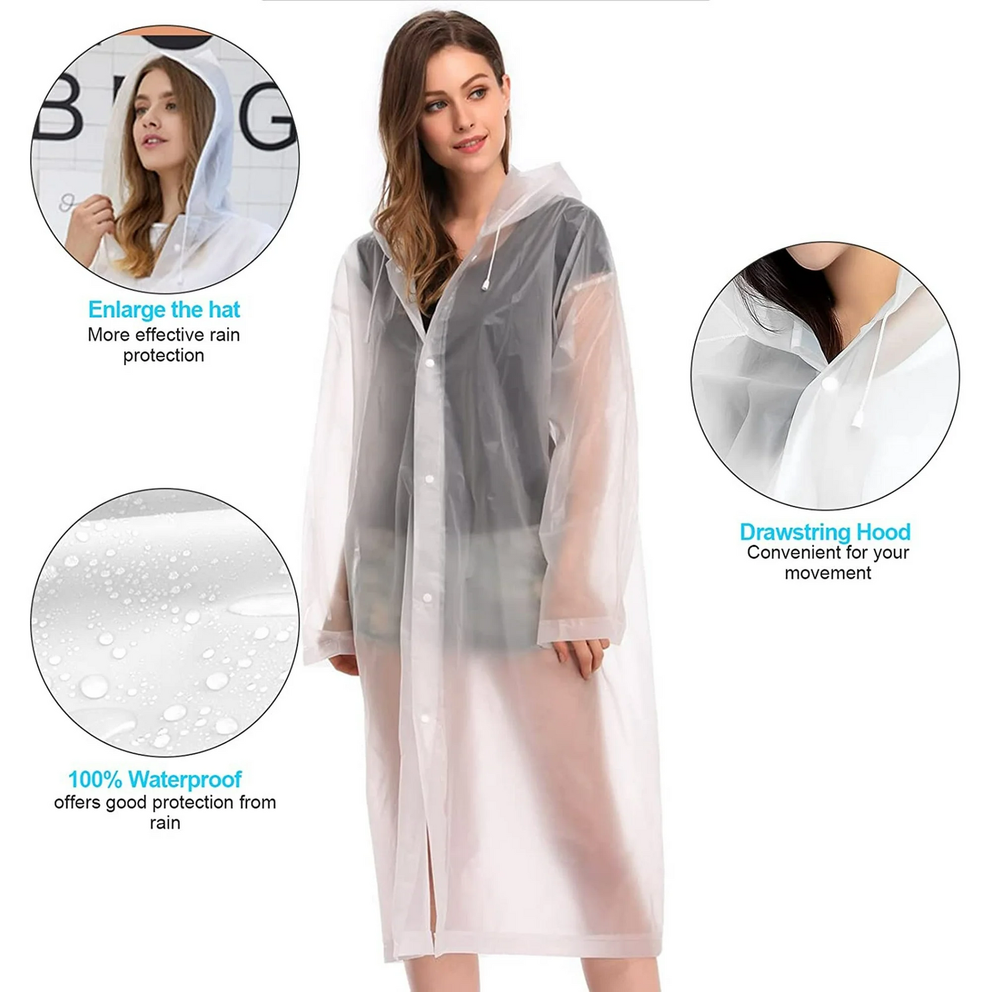 EVA Rain Coat Reusable Raincoat Hoods Sleeves 2 Pack Adults White