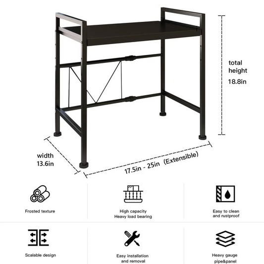 2-Tier Microwave Oven Rack Expandable Microwave Stand Kitchen Countertop Organizer Shelves Black