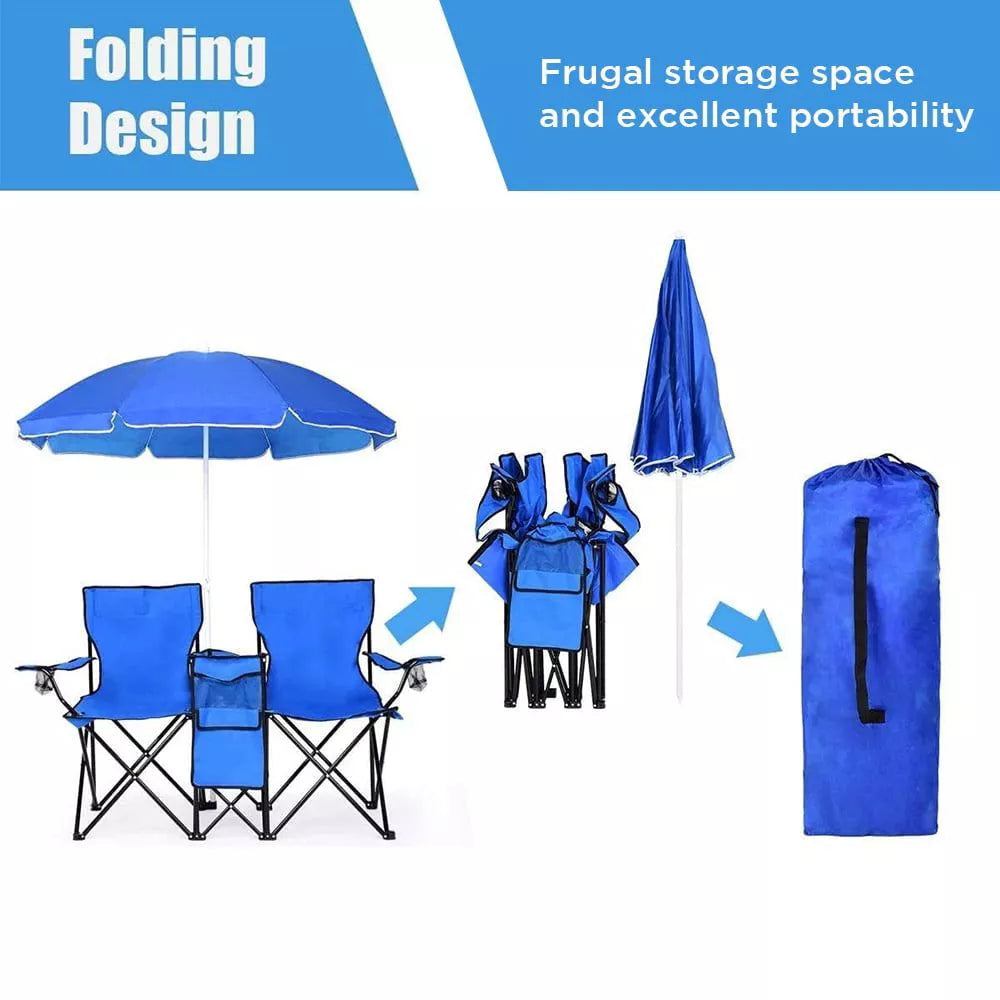 Foldable Camping Chair Outdoor Portable Picnic Double Chair with Umbrella