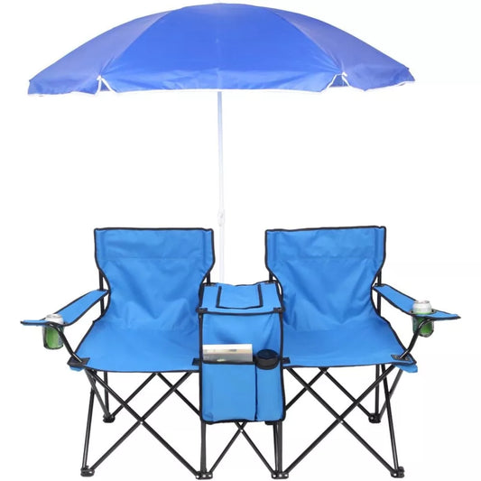 Foldable Camping Chair Outdoor Portable Picnic Double Chair with Umbrella