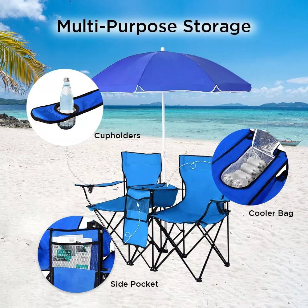 Foldable Camping Chair Outdoor Portable Picnic Double Chair with Umbrella