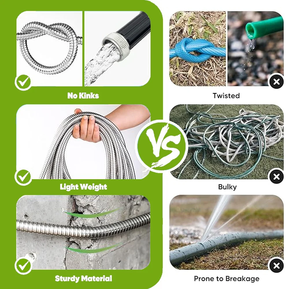 Garden Hose 25 FT Stainless Steel Heavy Duty Water Hose No-Kink Rust Proof for Yard Outdoor