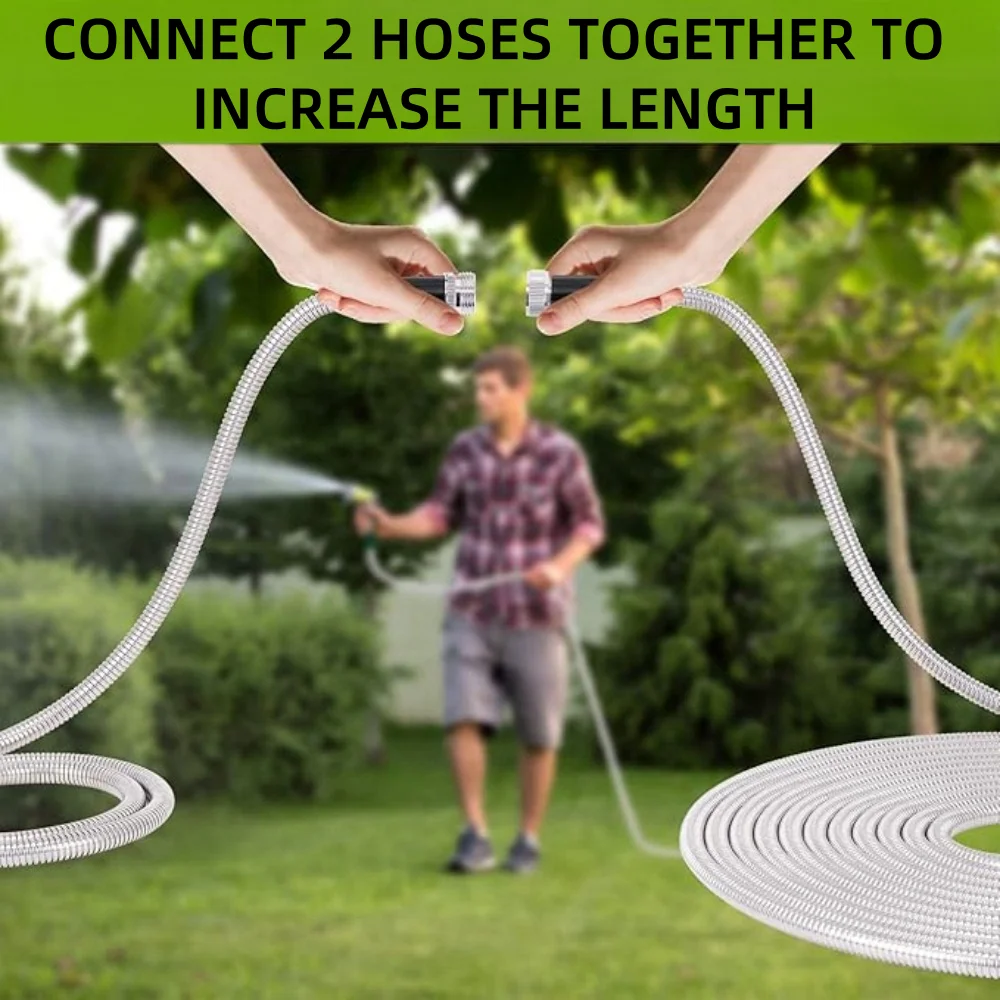 Garden Hose 25 FT Stainless Steel Heavy Duty Water Hose No-Kink Rust Proof for Yard Outdoor