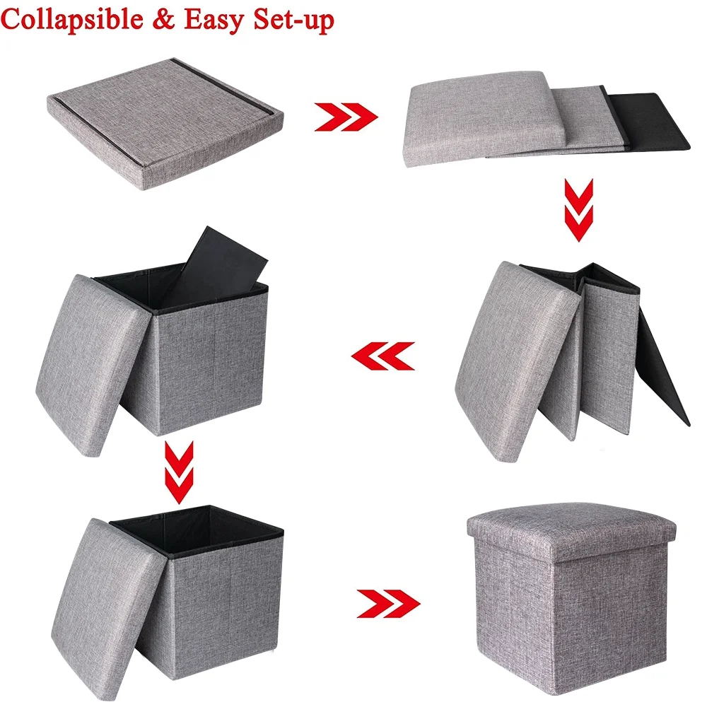 Ottoman Cube Square Foot Rest Stool Seat Foldable 4 in 1 Storage Boxes 12 Inch Linen Grey