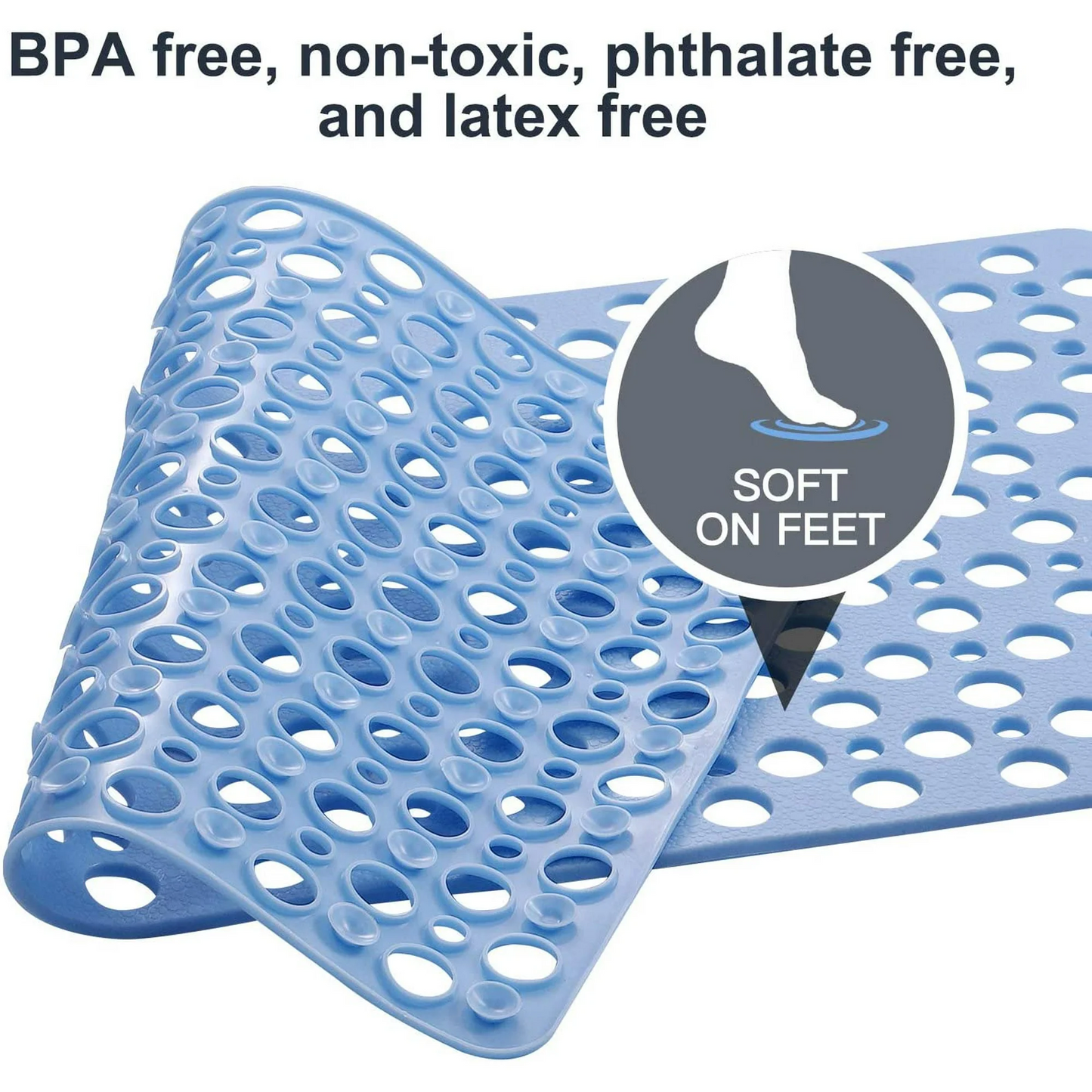 30 x 17 Inch Bathroom Non Slip Shower Mat with Suction Cup and Drain Hole Bathtub Nonslip Mat, Super Soft PVC Bathroom Mat Blue