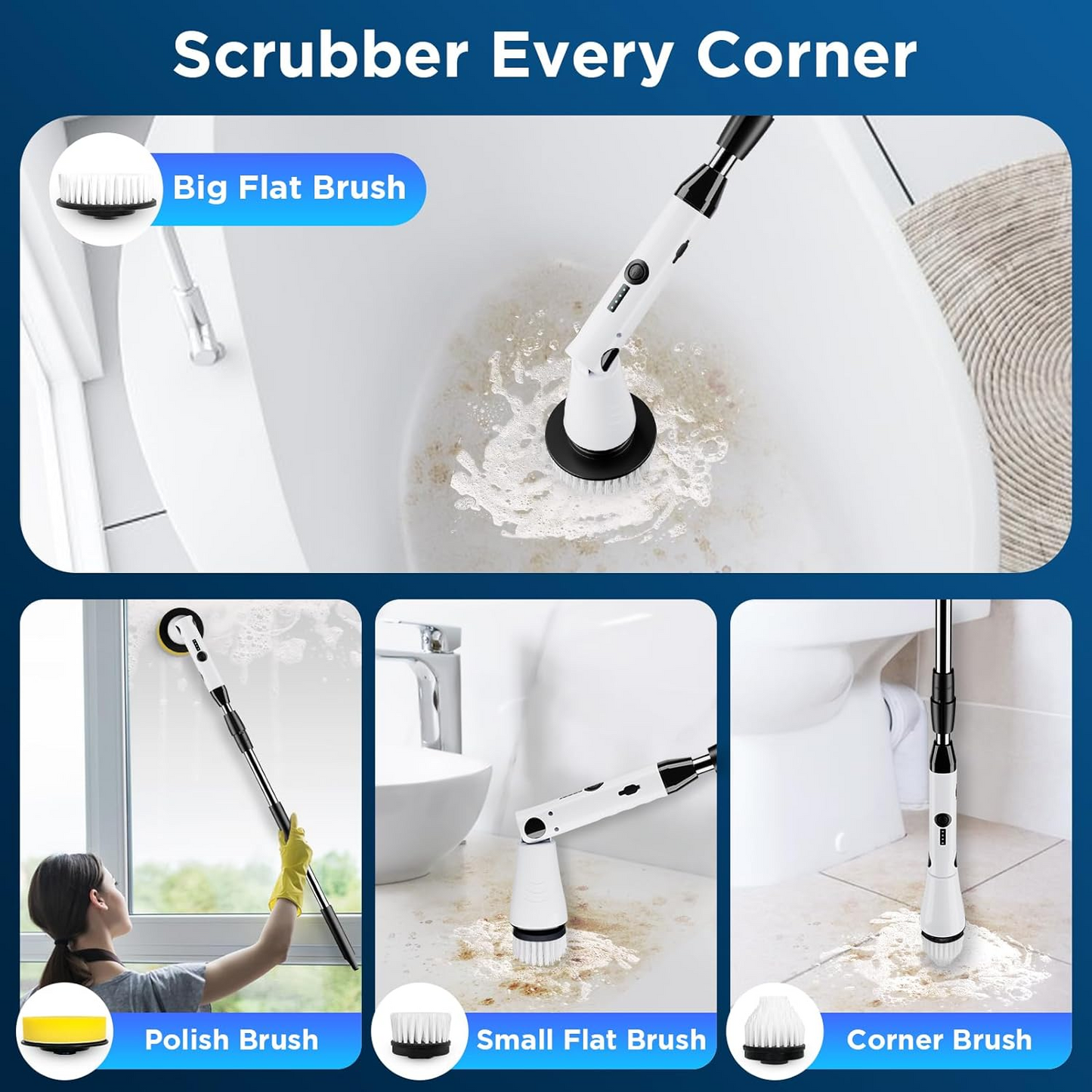 Electric Spin Scrubber - Power Shower Cleaning Brush with Extendable Handle & 4 Brush Heads for Bathrooms Window and Floor White/Black