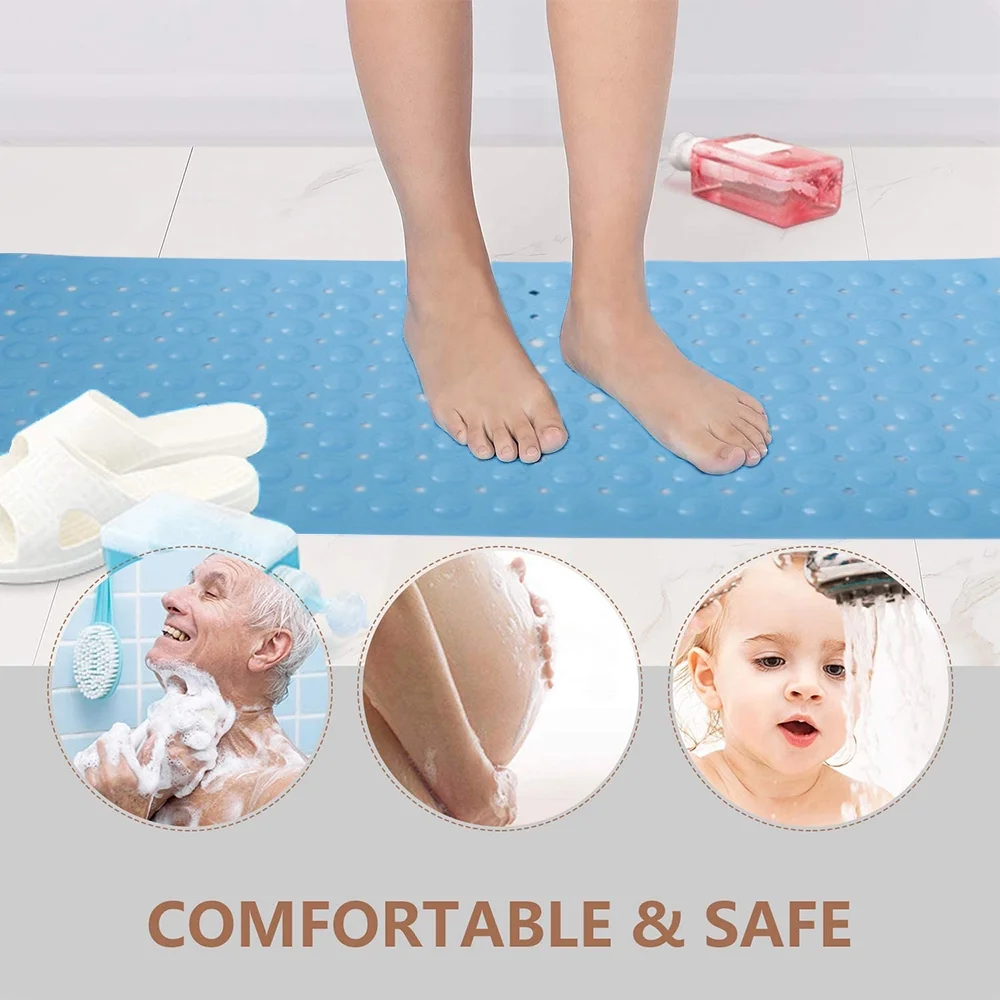 39 x 16 Inch Bath Tub Mat with Drain Holes and Suction Cups Anti Slip Material Blue