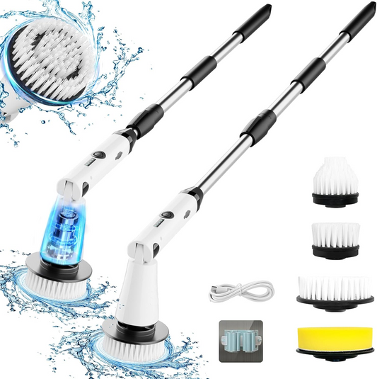 Electric Spin Scrubber - Power Shower Cleaning Brush with Extendable Handle & 4 Brush Heads for Bathrooms Window and Floor White/Black
