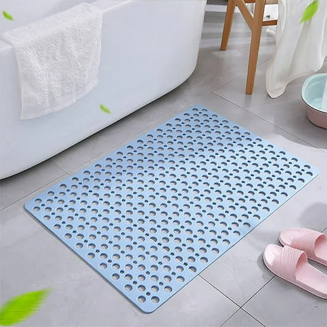 30 x 17 Inch Bathroom Non Slip Shower Mat with Suction Cup and Drain Hole Bathtub Nonslip Mat, Super Soft PVC Bathroom Mat Blue