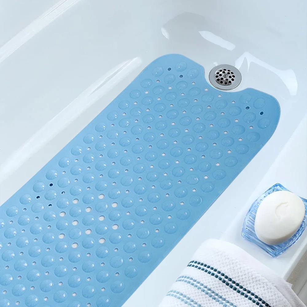 39 x 16 Inch Bath Tub Mat with Drain Holes and Suction Cups Anti Slip Material Blue