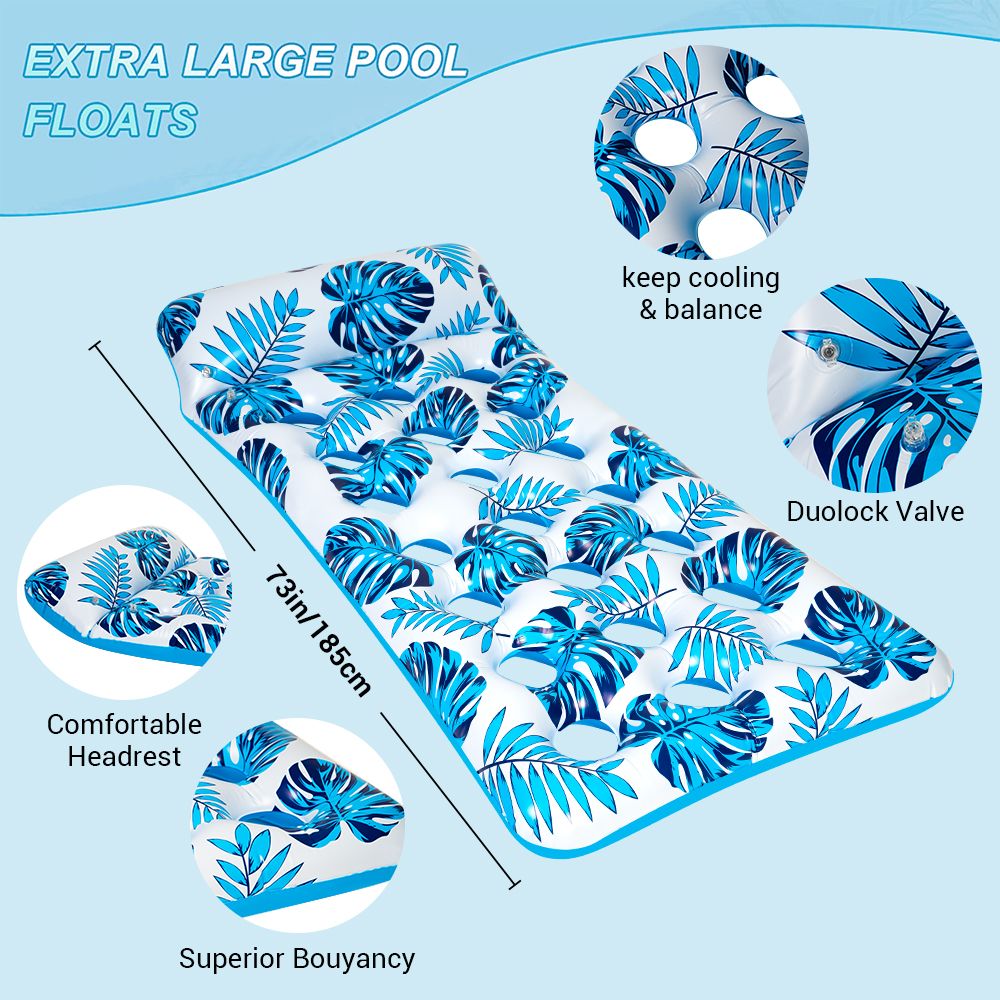Inflatable Pool Floats Hammock with Headrest Floating Pool Lounge Chair 73 x 34in for Adults Blue