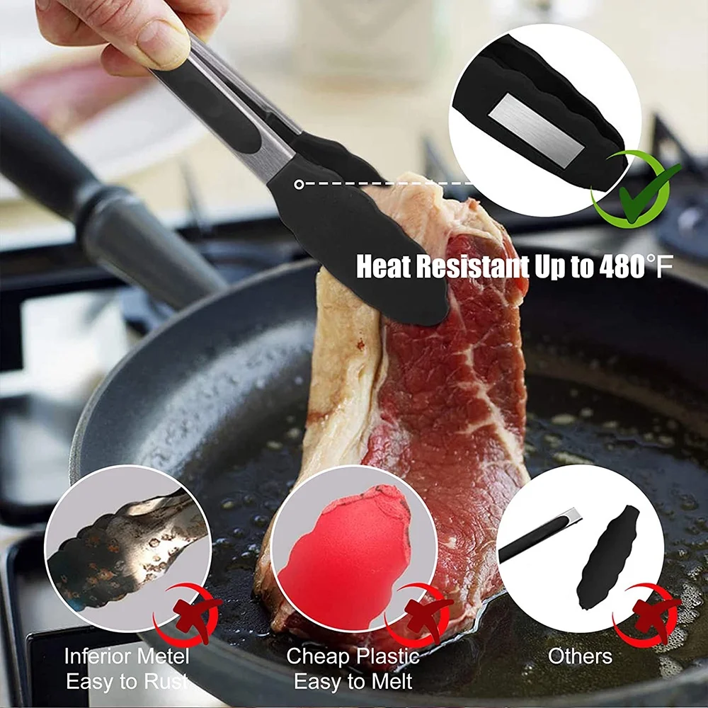 Kitchen Tongs Set with Silicone Tips Stainless Steel Heat Resistant