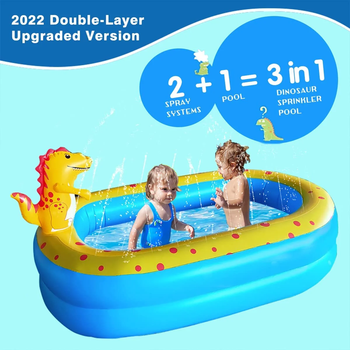 Inflatable Dinosaur Pool kid pool Kiddie Pool Indoor Outdoor Kids Swimming for Ages 2+ 67"x 41"x 32" Blue