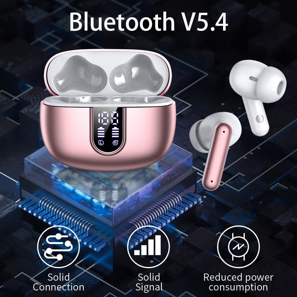 Wireless Earbuds Bluetooth Headphones LED Display Waterproof In-Ear Earphones Mic Gold