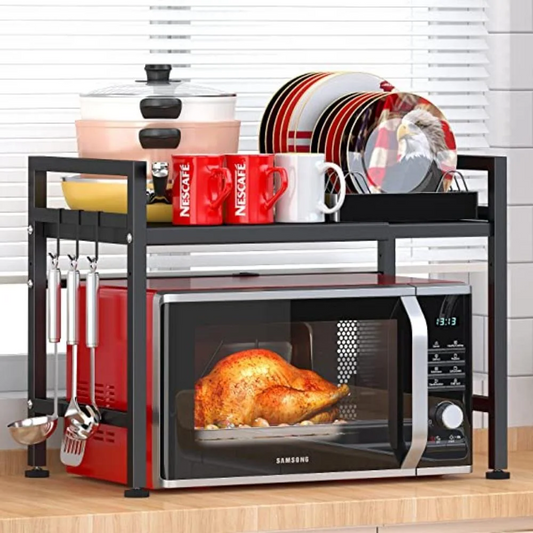 2-Tier Microwave Oven Rack Expandable Microwave Stand Kitchen Countertop Organizer Shelves Black