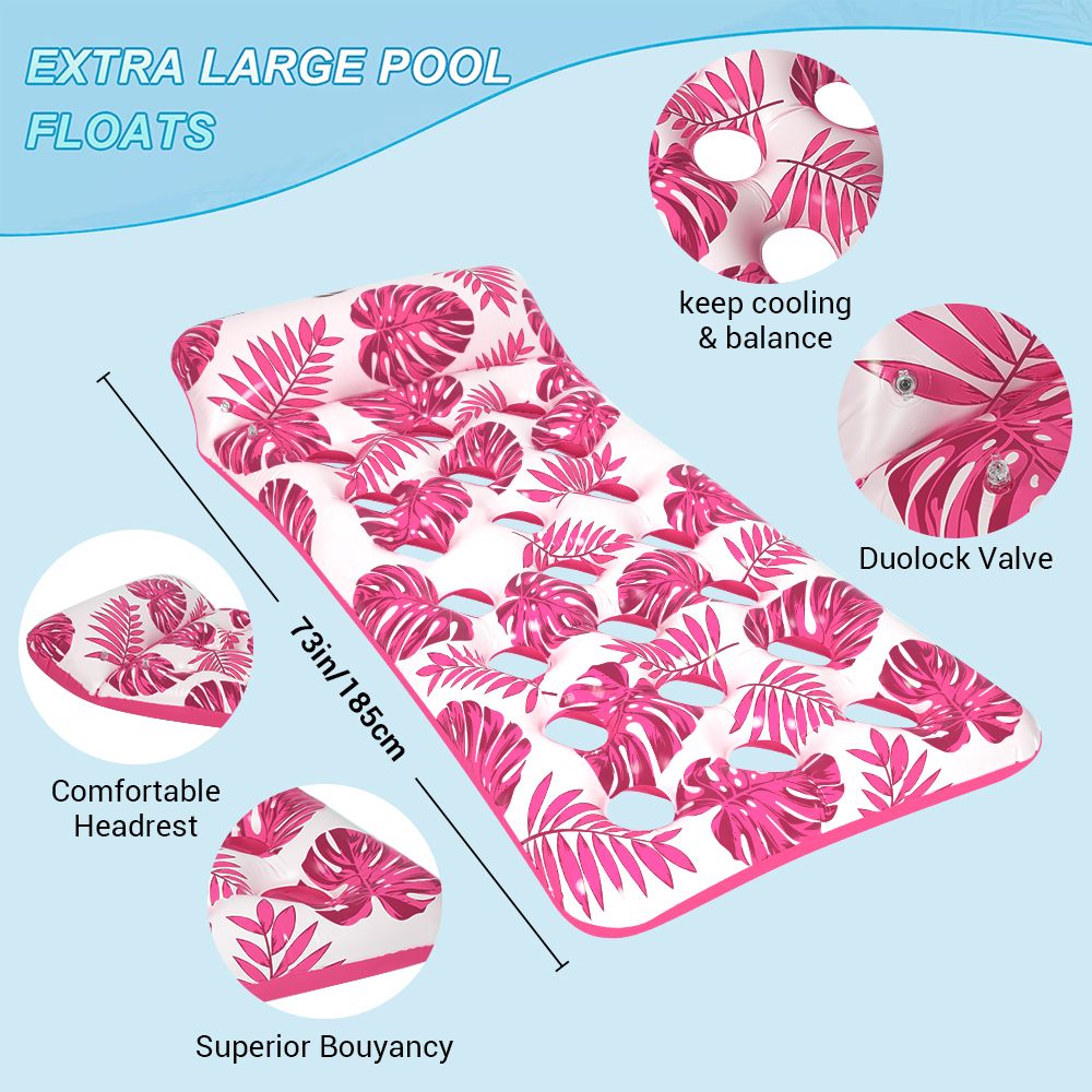 Inflatable Pool Floats Hammock with Headrest Floating Pool Lounge Chair 73 x 34in for Adults Red