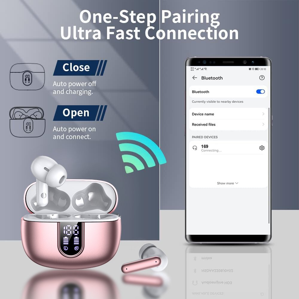 Wireless Earbuds Bluetooth Headphones LED Display Waterproof In-Ear Earphones Mic Gold