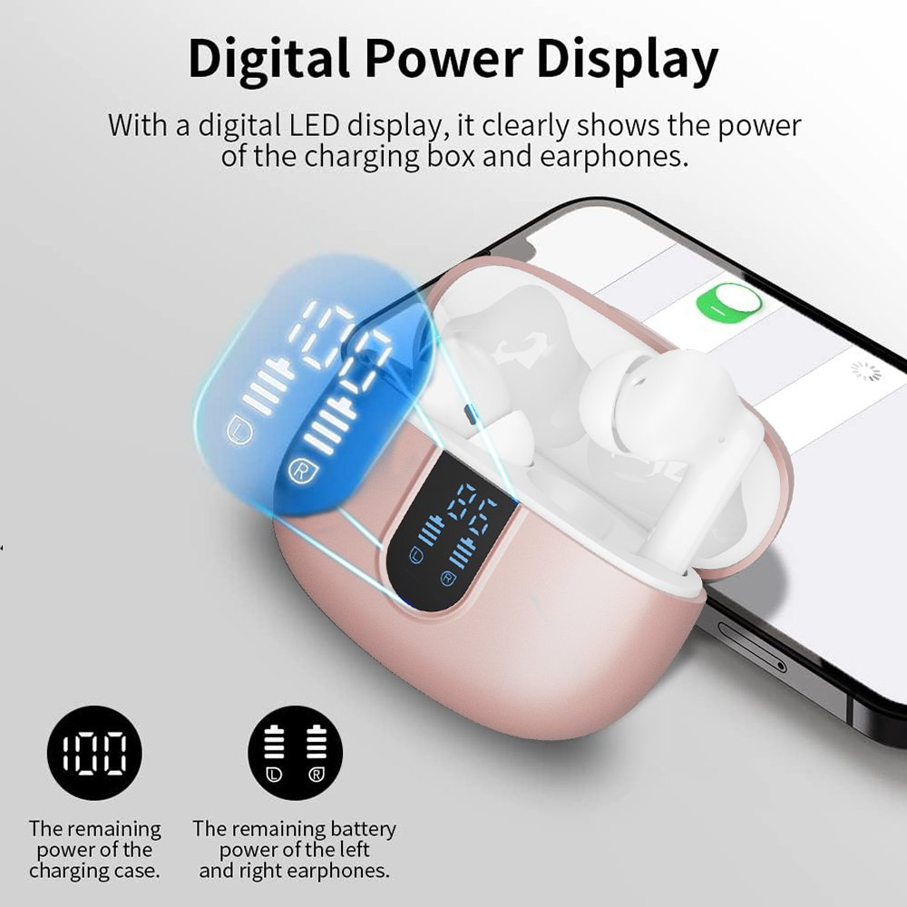 Wireless Earbuds Bluetooth Headphones LED Display Waterproof In-Ear Earphones Mic Gold