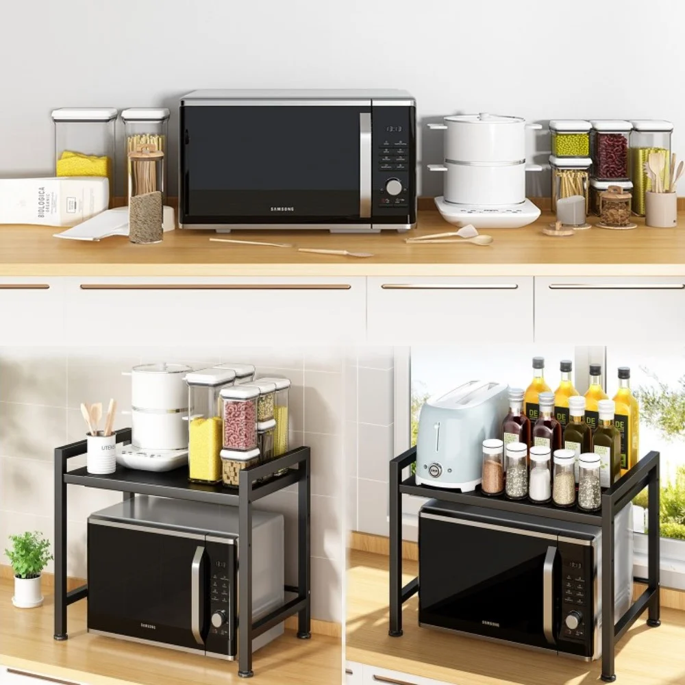 2-Tier Microwave Oven Rack Expandable Microwave Stand Kitchen Countertop Organizer Shelves Black