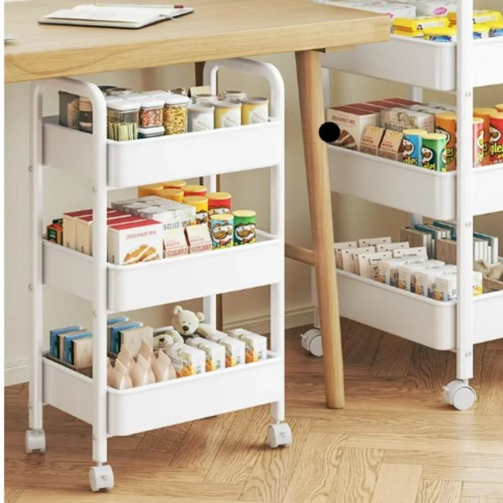 Movable 3-Tier Rolling Storage Cart Shelves Rolling Utility Cart for Bathroom Kitchen Office Workshop White