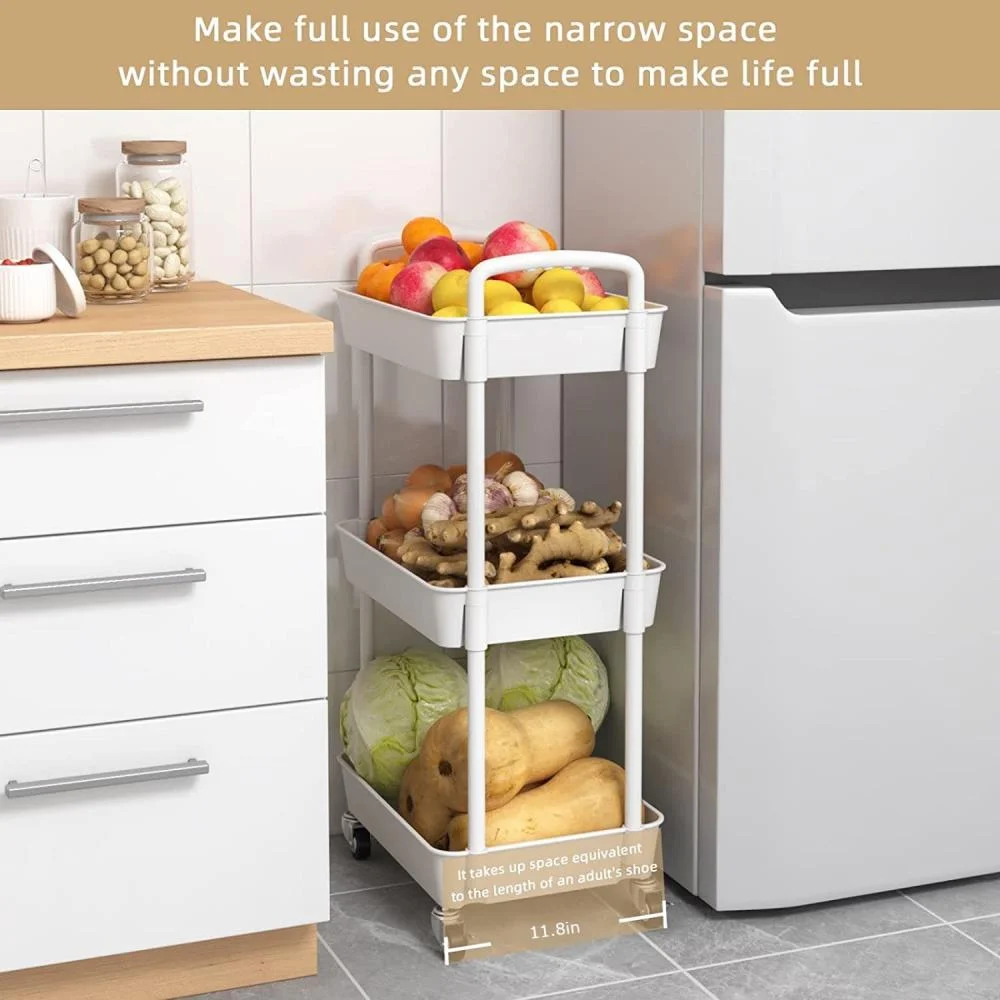 Movable 3-Tier Rolling Storage Cart Shelves Rolling Utility Cart for Bathroom Kitchen Office Workshop White
