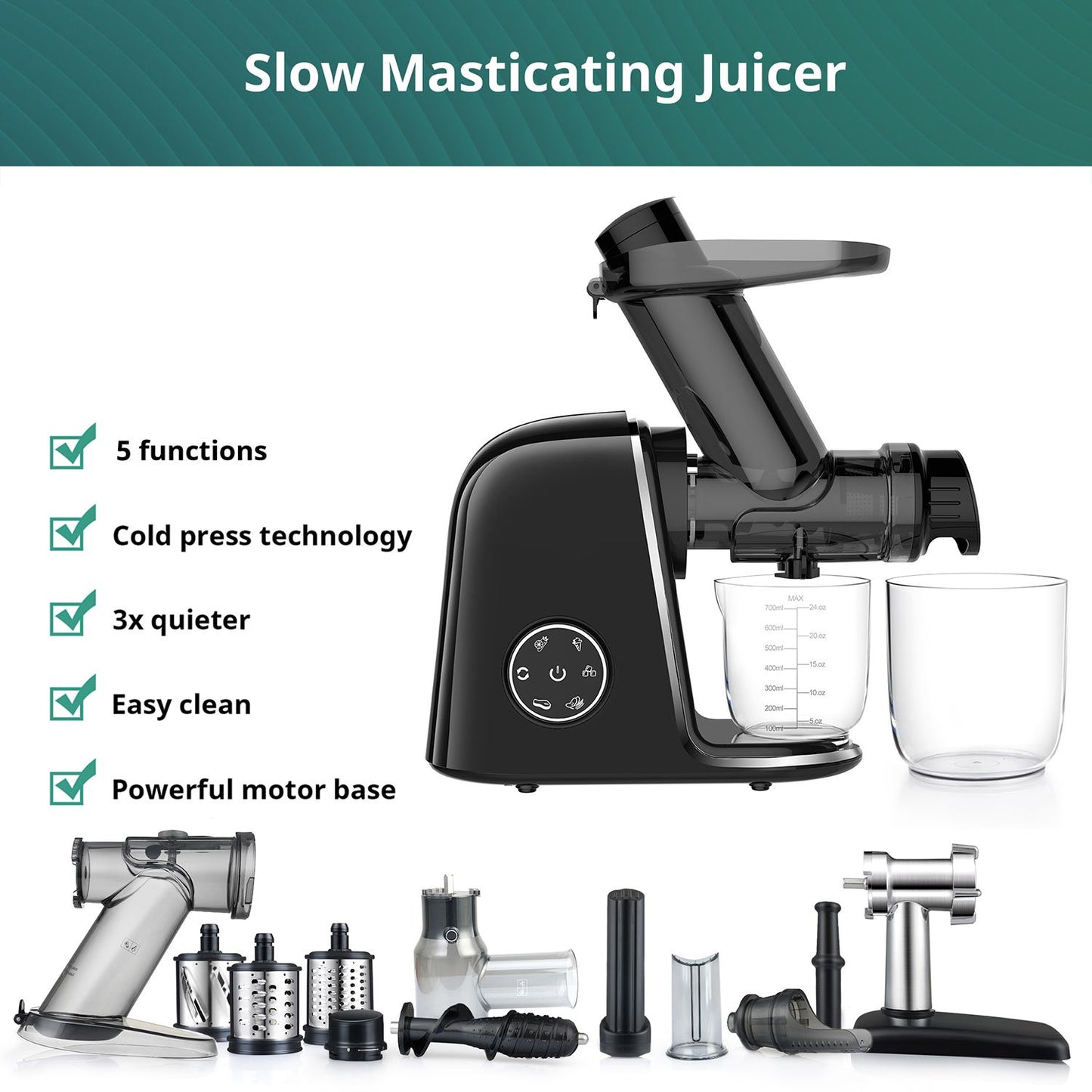 Slow Juicer Machine Cold Press 150W Black