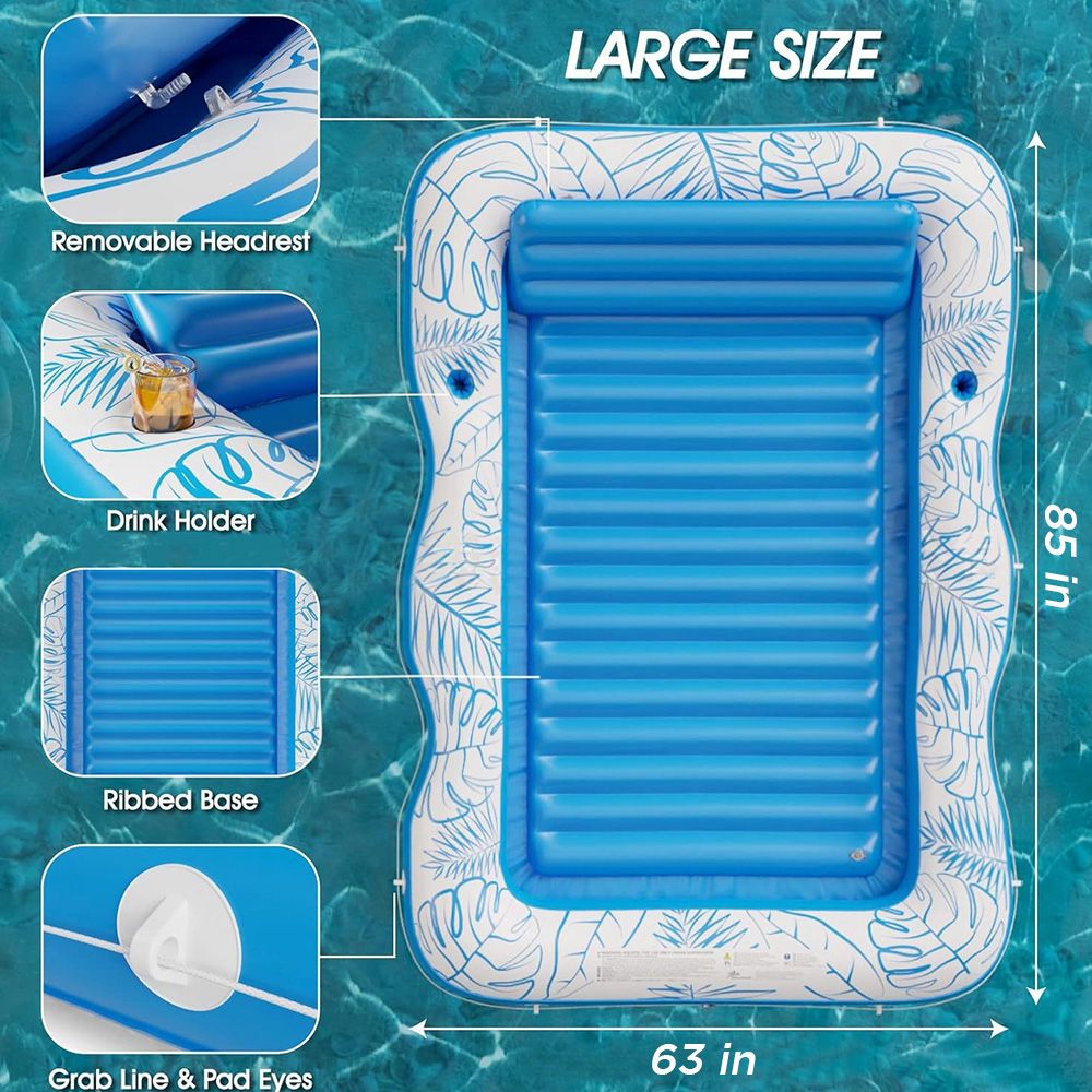 Inflatable Lounger Float Pool Floating Bed Backrest Floating Raft Drink Holder 85" x 63" Blue