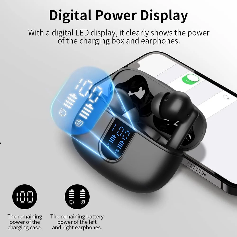 Wireless Earbuds Bluetooth Headphones LED Display Waterproof In-Ear Earphones Mic Black