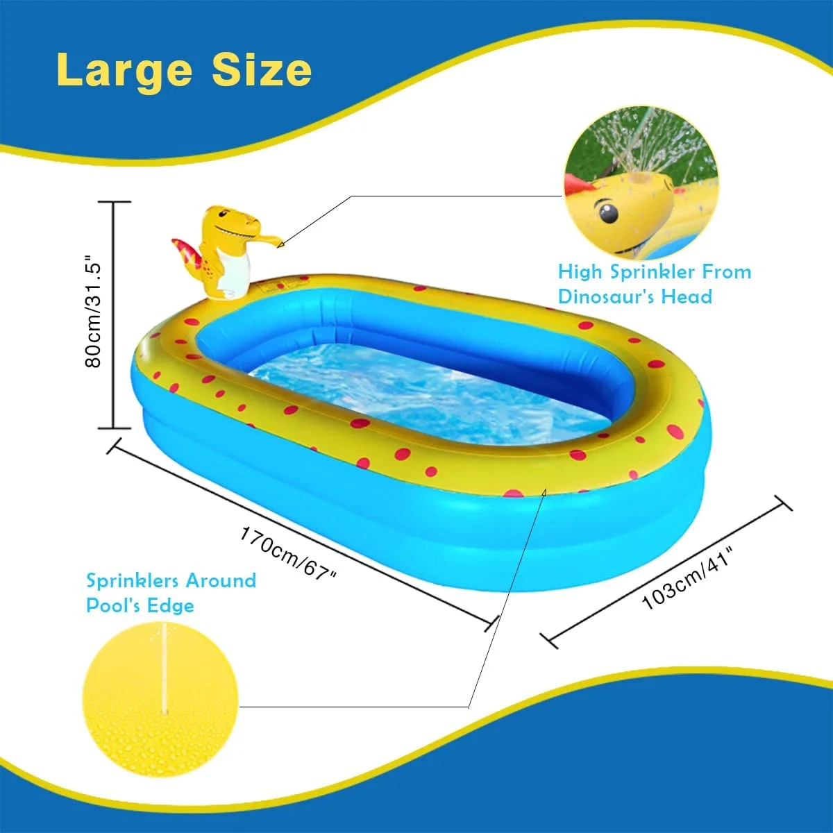 Inflatable Dinosaur Pool kid pool Kiddie Pool Indoor Outdoor Kids Swimming for Ages 2+ 67"x 41"x 32" Blue