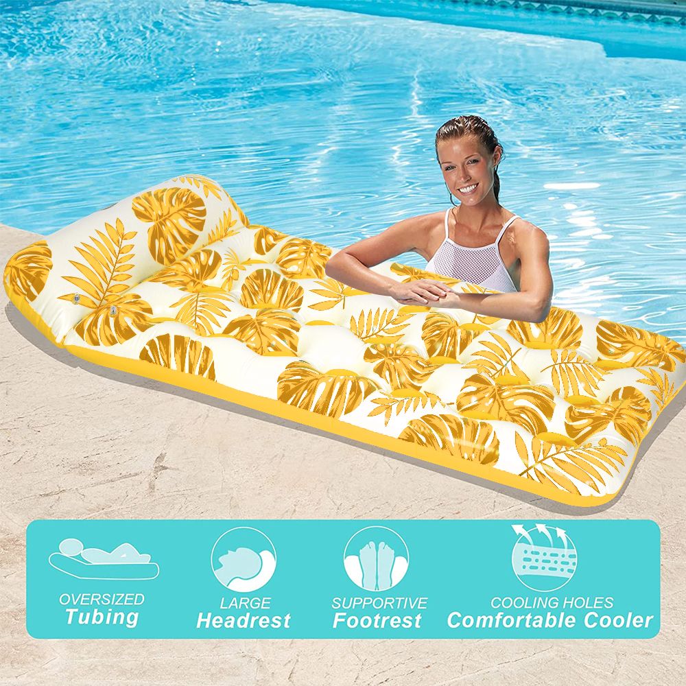 Inflatable Pool Floats Hammock with Headrest Floating Pool Lounge Chair 73 x 34in for Adults Yellow