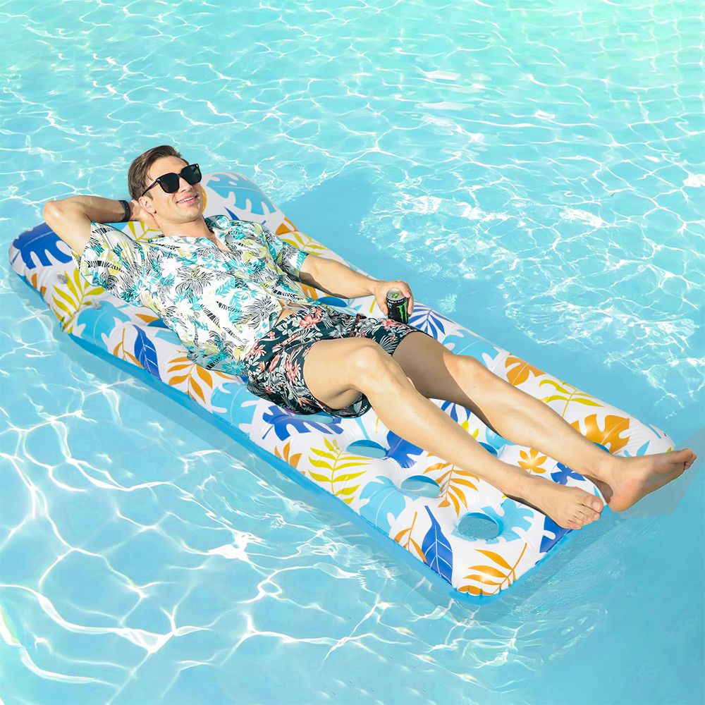 2 Piece Float Set Lounger Inflatable Pool Floats Reclining Chair Pedal Cup Holder White Blue