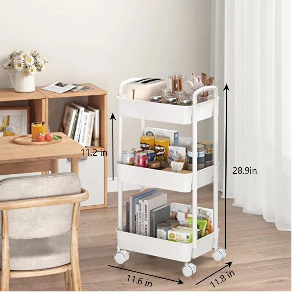 Movable 3-Tier Rolling Storage Cart Shelves Rolling Utility Cart for Bathroom Kitchen Office Workshop White