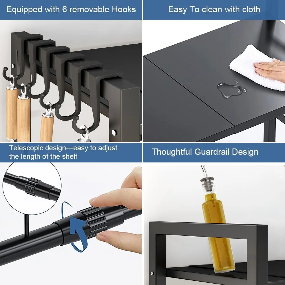 2-Tier Microwave Oven Rack Expandable Microwave Stand Kitchen Countertop Organizer Shelves Black
