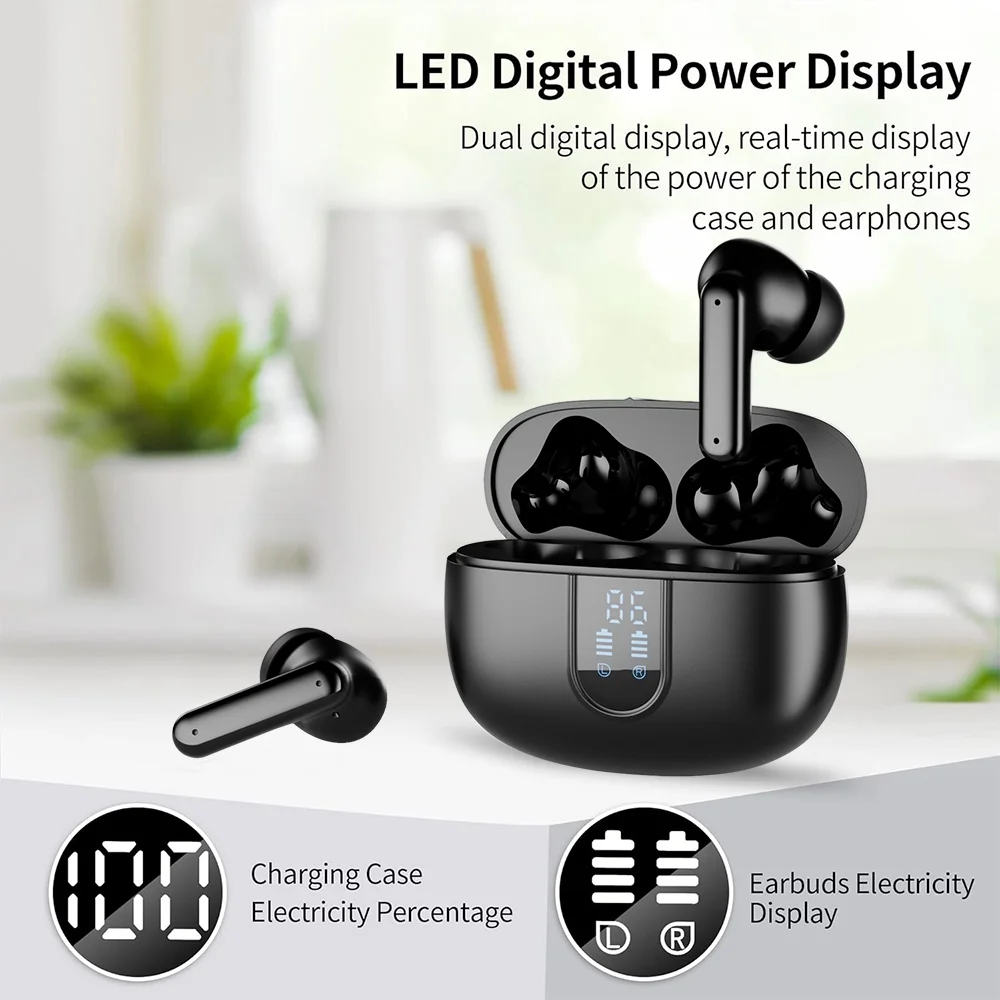 Wireless Earbuds Bluetooth Headphones LED Display Waterproof In-Ear Earphones Mic Black