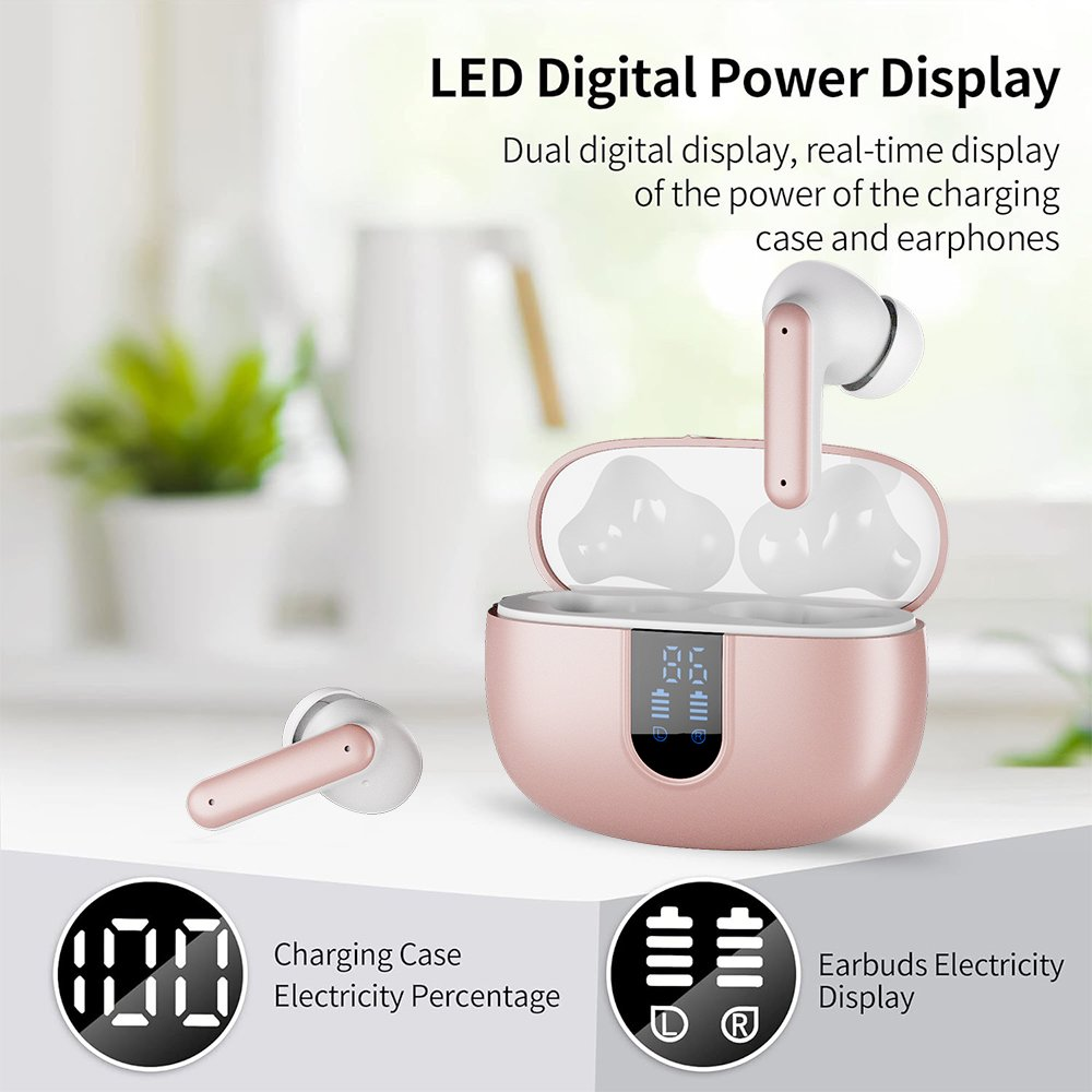 Wireless Earbuds Bluetooth Headphones LED Display Waterproof In-Ear Earphones Mic Gold