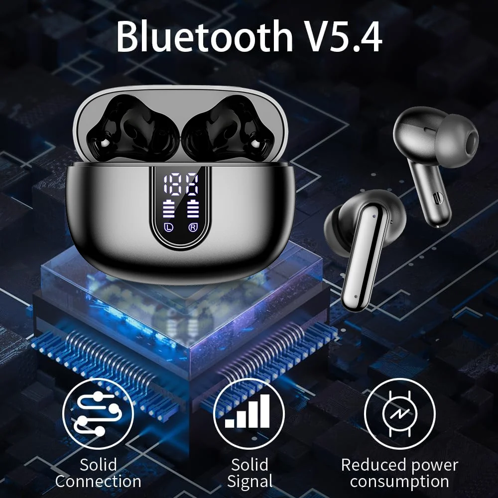 Wireless Earbuds Bluetooth Headphones LED Display Waterproof In-Ear Earphones Mic Black