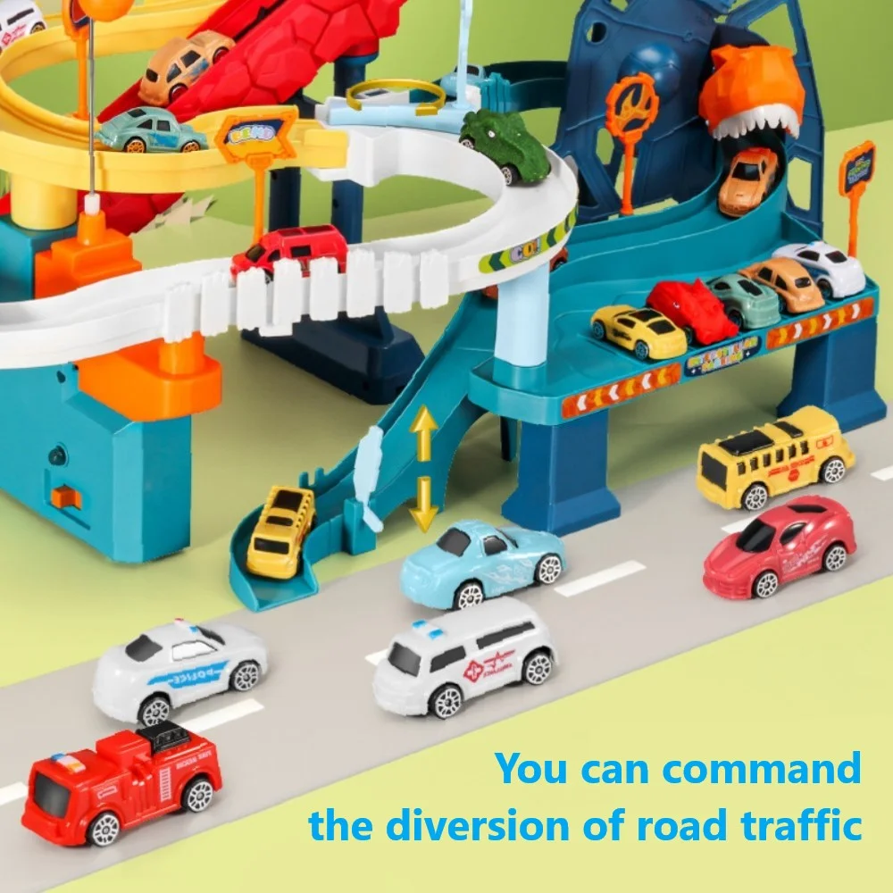 Dinosaur Race Track Toy Race Car Track Set with 4 Cars Light Sound Car Playset Gift Kids Age 3+