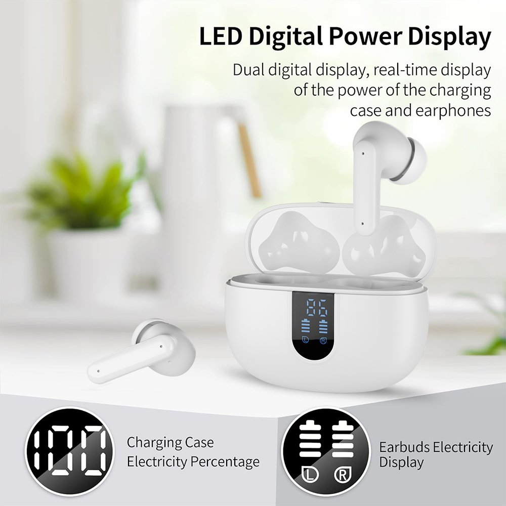 Wireless Earbuds Bluetooth Headphones LED Display Waterproof In-Ear Earphones White
