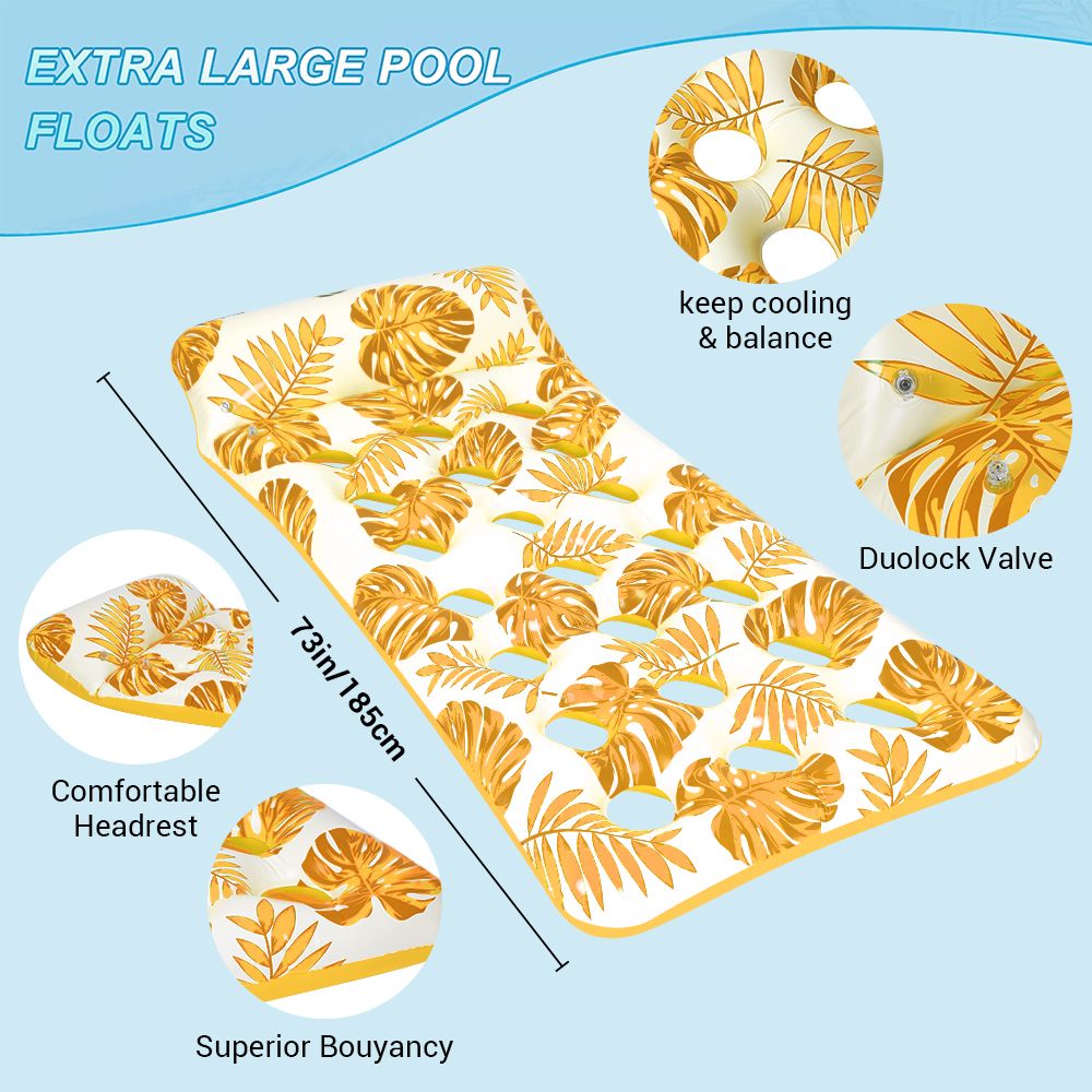 Inflatable Pool Floats Hammock with Headrest Floating Pool Lounge Chair 73 x 34in for Adults Yellow