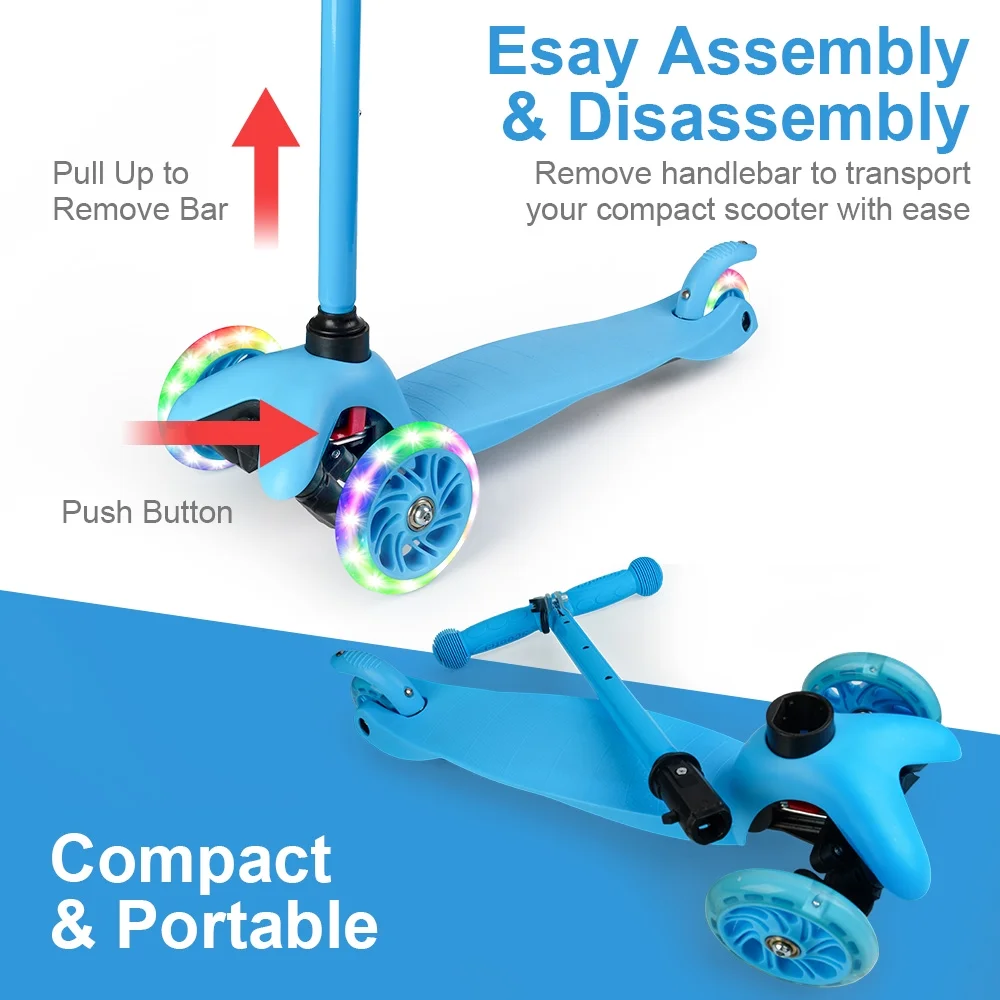Kids Scooter Kick Scooter 3 Wheel Adjustable Height Light up LED Wheels Ages 3-12 Blue