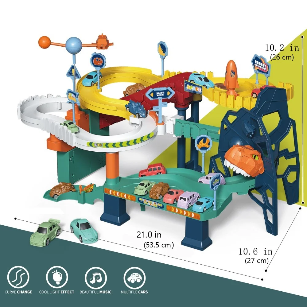 Dinosaur Race Track Toy Race Car Track Set with 4 Cars Light Sound Car Playset Gift Kids Age 3+