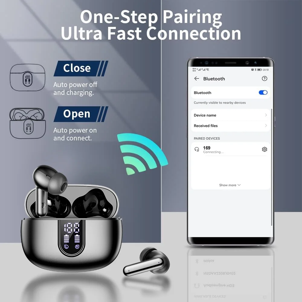 Wireless Earbuds Bluetooth Headphones LED Display Waterproof In-Ear Earphones Mic Black