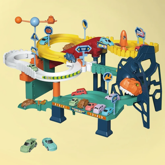 Dinosaur Race Track Toy Race Car Track Set with 4 Cars Light Sound Car Playset Gift Kids Age 3+