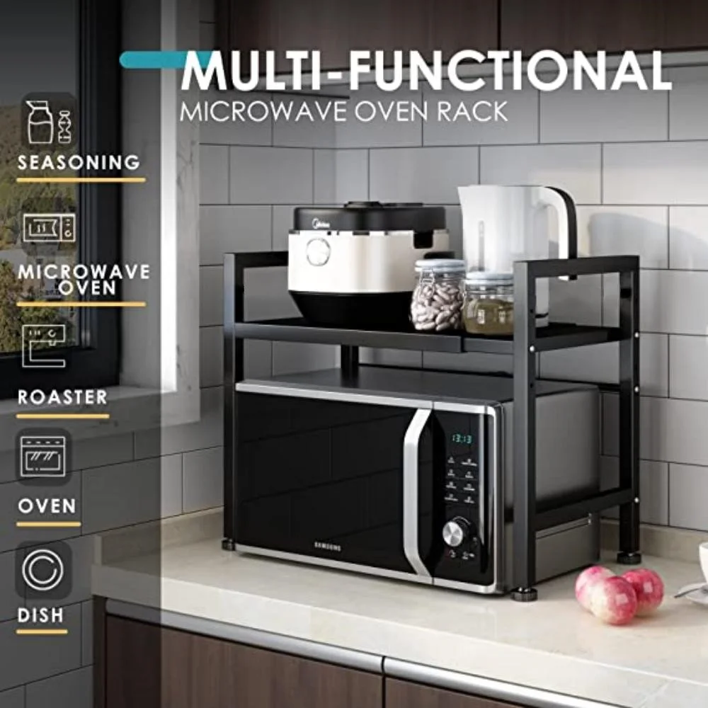 2-Tier Microwave Oven Rack Expandable Microwave Stand Kitchen Countertop Organizer Shelves Black