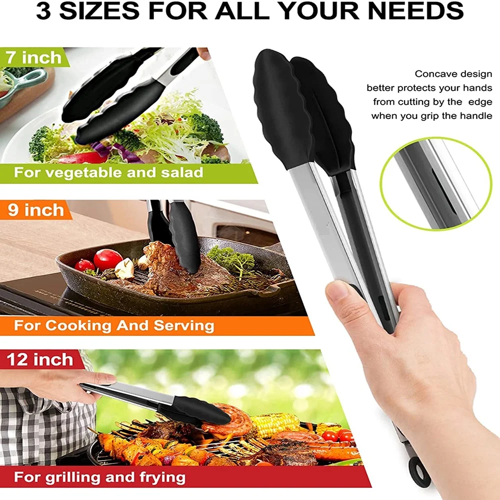 Kitchen Tongs Set with Silicone Tips Stainless Steel Heat Resistant