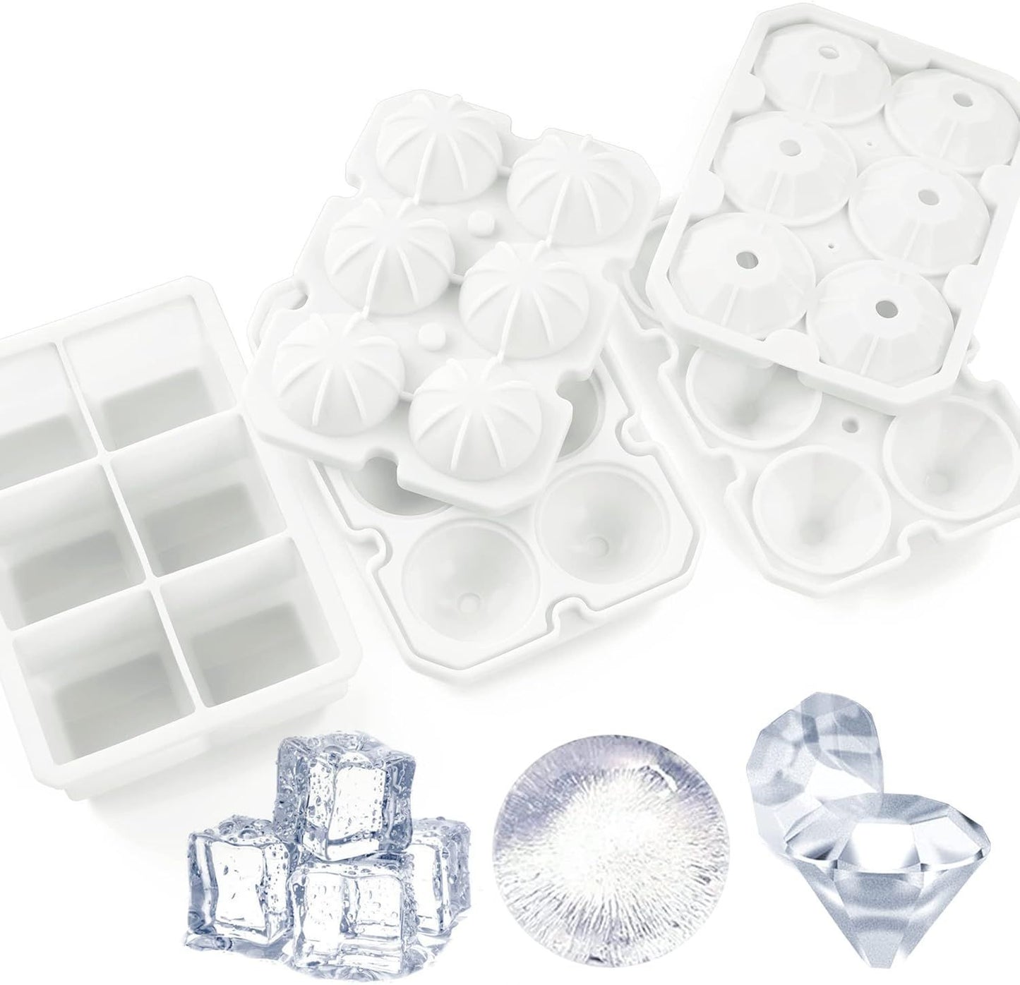 Silicone Ice Cube Trays Square Sphere Diamond Shape 3 Pack, White