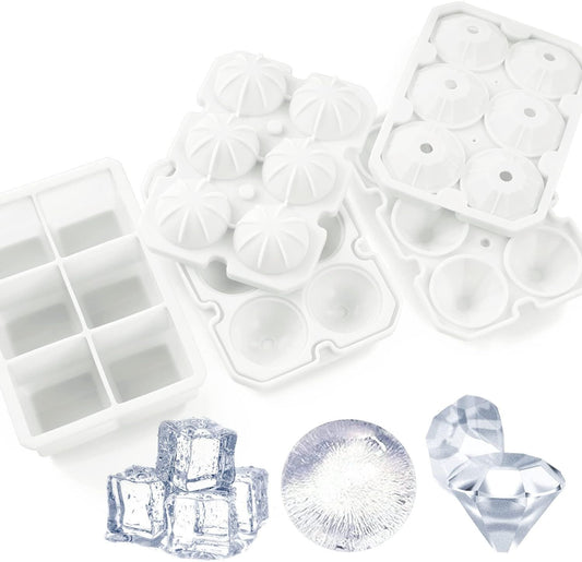 Silicone Ice Cube Trays Square Sphere Diamond Shape 3 Pack, White